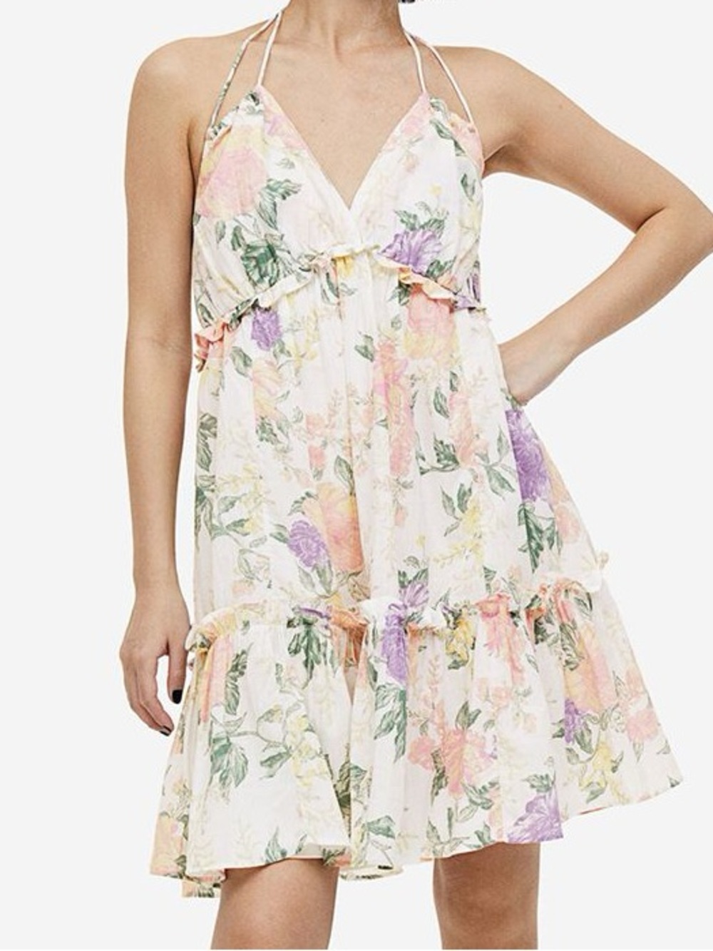 H&M Floral Halter Mini Dress in Cream with Pastel Pink, Purple & Green